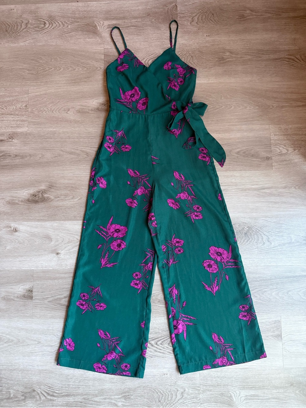 Lush Boho Floral Wide Leg Jumpsuit Green Pink Faux Tie Small